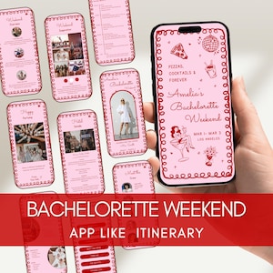 May include: A pink digital bachelorette weekend itinerary displayed on a smartphone and smaller screens. The phone screen shows the text "Pizzas, Cocktails & Forever" and "Amelia's Bachelorette Weekend". The design includes decorative borders and illustrations.