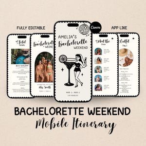 May include: A mobile phone screen displays a bachelorette weekend itinerary. The design includes the text "Amelia's Bachelorette Weekend" and "Mobile Itinerary." The app-like design features photos, event details, and a cocktail graphic. The text "Fully Editable" and "App Like" are also visible.