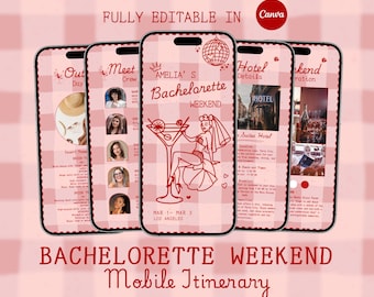 May include: A pink mobile itinerary for a bachelorette weekend, featuring a design with a cocktail glass, a bride, and the text "Amelia's Bachelorette Weekend." The itinerary includes details for the weekend, with the text "Fully Editable in Canva."