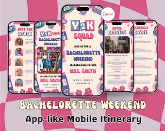 Y2K Bachelorette Weekend Itinerary Canva Template, App Like Mobile Itinerary, Digital Hen Party Planner, Bridal Shower Girls Trip Invite