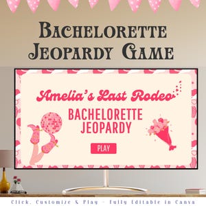 Presentación editable en Canva del juego Jeopardy de despedida de soltera &quot;El último rodeo&quot; / Juego de trivia de despedida de soltera / Margs & Matrimony / PowerPoint nupcial