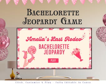 Bachelorette Jeopardy Partyspiel, Bachelorette Trivia Spiel, Hen Do Partyspiel, bearbeitbare Brautdusche Spiele Canva Powerpoint