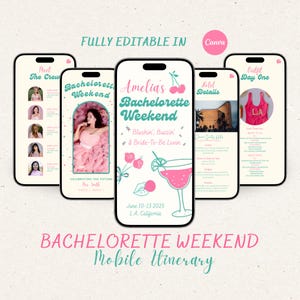 Bachelorette Itinerary Template For Mobile, Weekend Itinerary, Digital Invitation, Bachelorette Weekend, Itinerary Planner Template, Canva