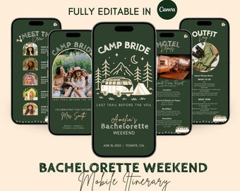 Camp Bachelorette Party Itinerary Template,  Digital Mobile Itinerary, Digital Invitation, Bachelorette Weekend, Hens Party Itinerary