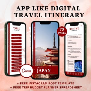 May include: A digital travel itinerary for a trip to Japan, with a red and white pagoda on the cover. The itinerary includes 70 pages of information, including a table of contents, daily schedules, and tips for travel. The itinerary is designed to look like a mobile app.