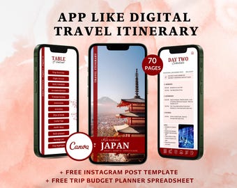 May include: A digital travel itinerary for a trip to Japan, with a red and white pagoda on the cover. The itinerary includes 70 pages of information, including a table of contents, daily schedules, and tips for travel. The itinerary is designed to look like a mobile app.