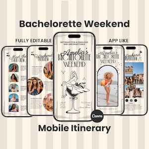 以下が含まれることがあります： スマートフォンモックアップに表示された、独身最後の週末のモバイル旅程デザイン。デザインには「Bachelorette Weekend」、「Fully Editable」、「App Like」の文字が含まれています。旅程には、イベントの詳細、写真、および「Amelia's Bachelorette Weekend」の文字が表示されています。