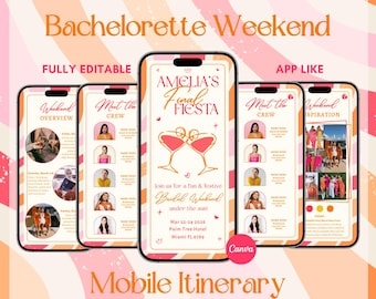 Final Fiesta Bachelorette Itinerary Template For Mobile, Pink Orange Bridal Weekend Planner, Hen Party Guide, Canva Digital Download