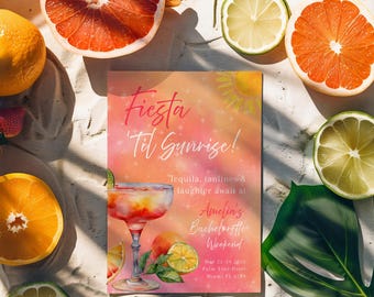 Fiesta Tequila Sunrise Pink Orange Bachelorette Invitation, Citrus Hen Do Invitations, Beach Party Invitation Template, Weekend Itinerary