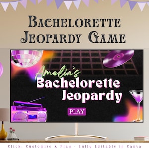 Retro Bachelorette Party Jeopardy Game I Editable Canva Presentation | Bachelorette Trivia Game | Margs & Matrimony | Bikinis and Martinis