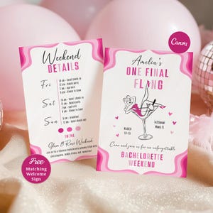May include: Two pink and white bachelorette party invitations. One card lists weekend details, the other says "Amelia's One Final Flang" with a martini glass illustration. The theme is "Glam & Rose Weekend".