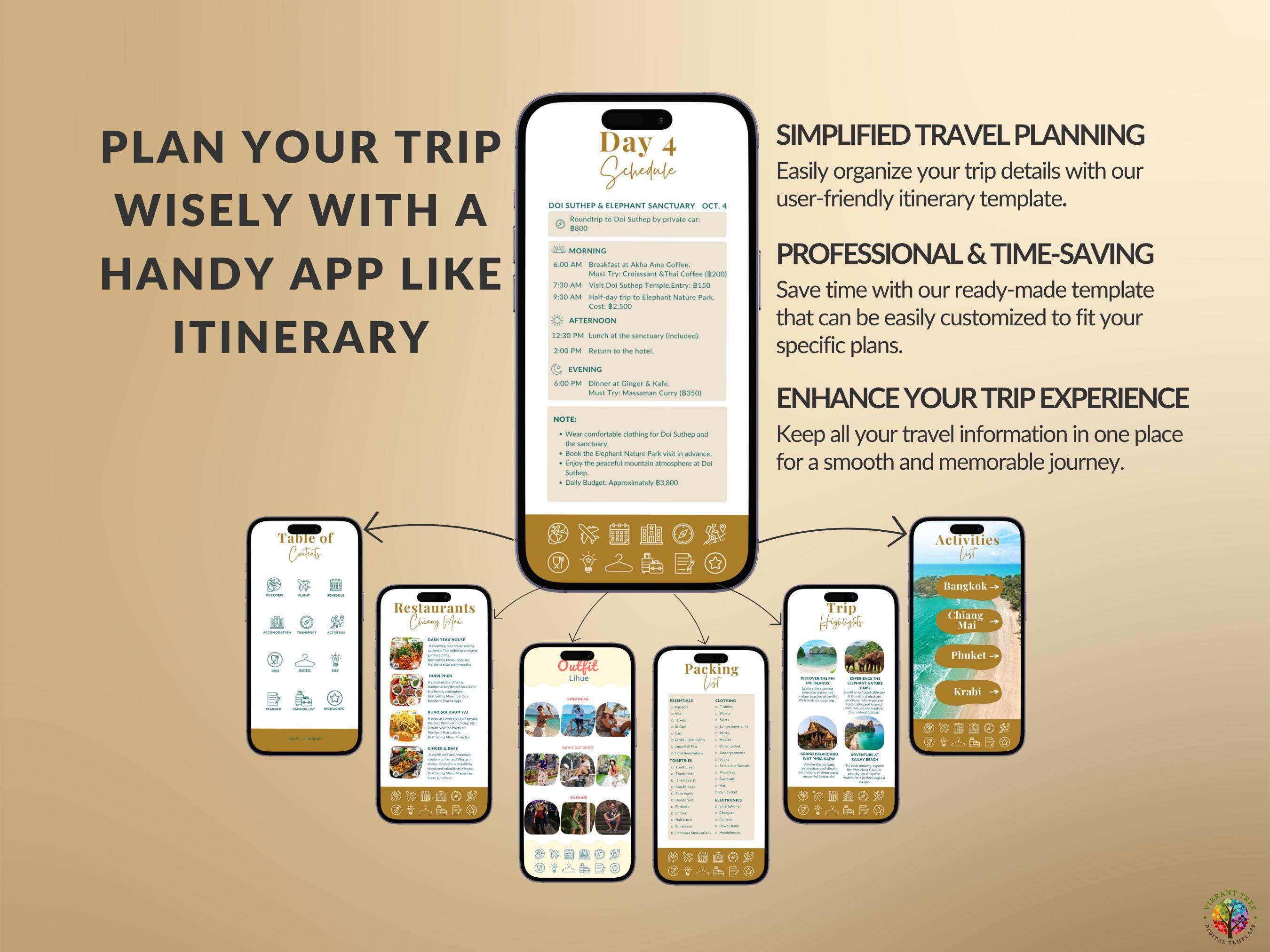 Mobile Travel Itinerary Template, Editable Thailand Trip Planner ...