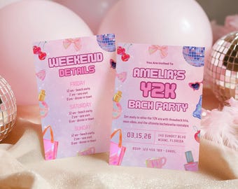 Bachelorette Invitation Template, Editable Canva Invite, Printable Y2K Bachelorette Weekend Itinerary Invite, Hen Party Invite,