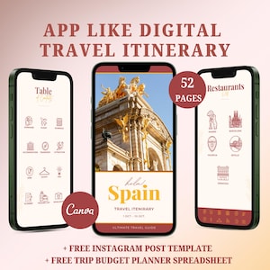 Modelo de roteiro de viagem, planejador de viagens para dispositivos móveis, guia de viagem editável da Espanha, guia de viagem editável no Canva, roteiro de viagem digital