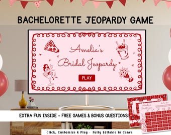 Bachelorette Jeopardy Partyspiel, Bachelorette Trivia Spiel, Hen Do Partyspiel, bearbeitbare Brautdusche Spiele Canva Powerpoint