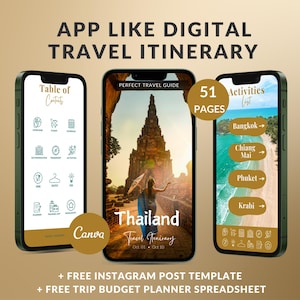 Modelo de roteiro de viagem, planejador de viagens para dispositivos móveis, guia de viagem editável para a Tailândia, guia de viagem editável no Canva, planejador de agente de viagens