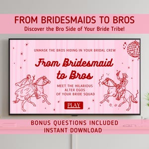 Puede incluir: Una descarga digital rosa titulada "From Bridesmaids to Bros". La imagen presenta texto e ilustraciones de personas montando a caballo. El texto incluye "¡Descubre el lado Bro de tu tribu de novias!" y "Conoce los divertidos alter egos de tu escuadrón de novias."
