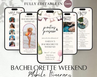 Bachelorette Itinerary Template For Mobile, Weekend Itinerary, Digital Invitation, Bachelorette Weekend, Itinerary Planner Template, Canva