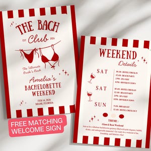 Może przedstawiać: Dwa zaproszenia na wieczór panieński w kolorach czerwono-białych. Na lewym zaproszeniu widnieje napis "The Bach Club" i "Amelia's Bachelorette Weekend". Na prawym zaproszeniu znajduje się lista szczegółów weekendu. Dołączony jest "Free Matching Welcome Sign".