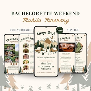 Camp Bachelorette, Reiseplan Vorlage, Digitales Mobile Reiseplan, Digitale Einladung, Bachelorette Wochenende, Reiseplan, Canva, handgezeichneter Stil