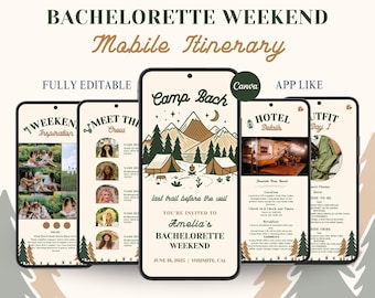 Camp Bachelorette, Itinerary Template, Digital Mobile Itinerary, Digital Invitation, Bachelorette Weekend, Itinerary, Canva, handrawn style