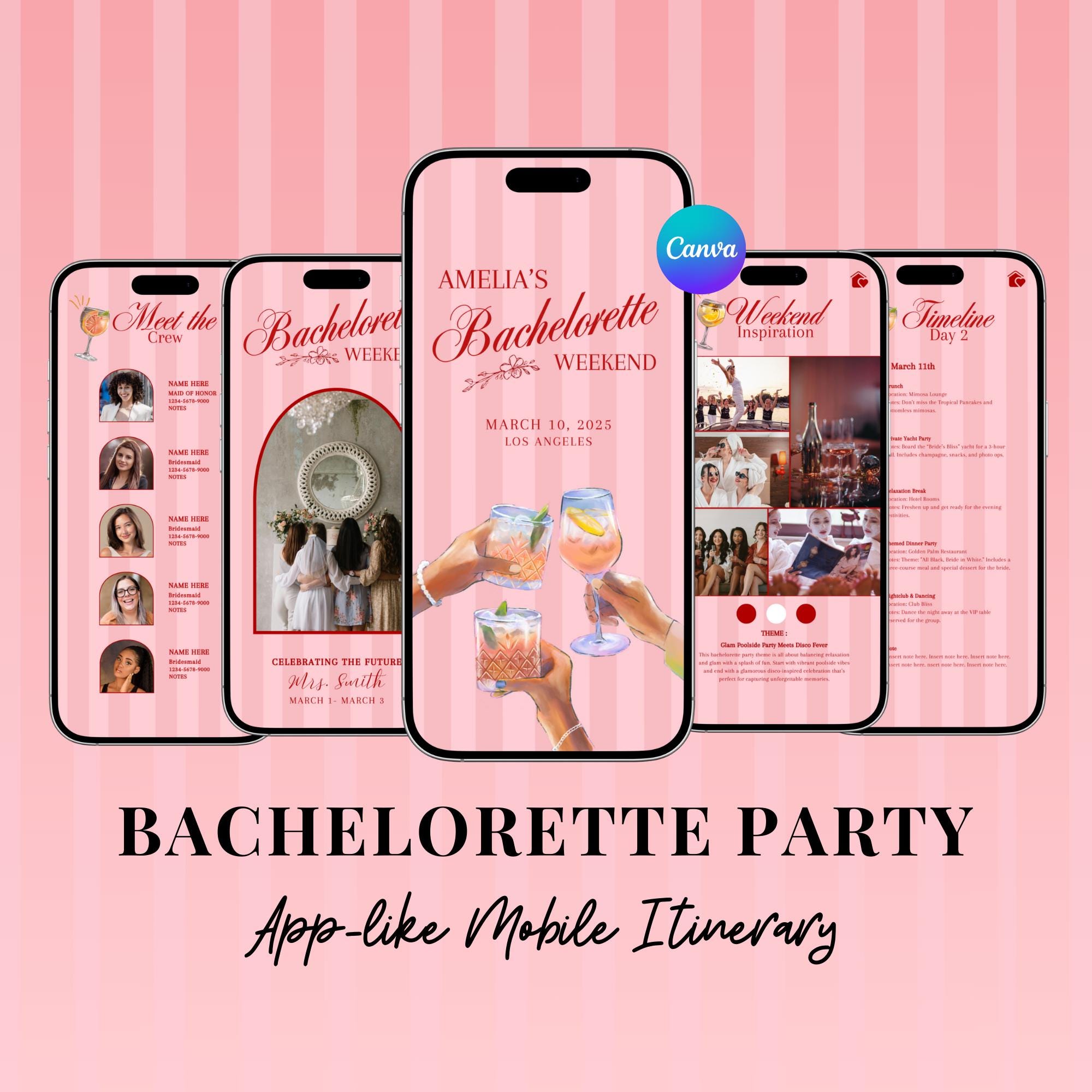 Bachelorette Itinerary Template For Mobile, Weekend Itinerary, Digital Invitation, Bachelorette Weekend, Itinerary Planner Template, Canva