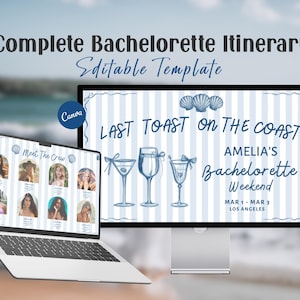 Könnte beinhalten: Ein digitaler Vorlage für einen Junggesellinnenabschied-Reiseplan wird auf einem Laptop und Monitor angezeigt. Das Design zeigt blau-weiße Streifen, Muschelbildern und den Text "Last Toast on the Coast". Auf dem Laptop sind Fotos der Partyteilnehmerinnen zu sehen.