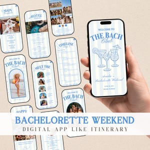Könnte beinhalten: Eine digitale App-ähnliche Reiseroute für ein Junggesellinnenabschiedswochenende. Das Design zeigt hellblaue und weiße Streifen mit verschiedenen Bildschirmen, die Eventdetails, Fotos und den Text "WELCOME TO THE BACH Club" anzeigen. Der Hauptbildschirm zeigt Cocktails.