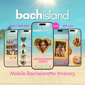Könnte beinhalten: Ein mobiles Junggesellinnenabschied-Reiseplan-Design mit fünf Smartphone-Bildschirmen. Die Bildschirme zeigen den Text "bachisland" und "sash island Ibiza". Das Design enthält Bilder von Frauen, Herzen und den Text "Mobile Bachelorette Itinerary".