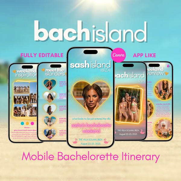 Bachelorette Island Digital Itinerary Template, Editable Weekend Planner, Mobile Phone Invitation, Tropical Love Theme, Canva Customizable