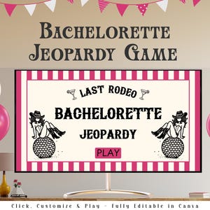 Presentación editable en Canva del juego Jeopardy de despedida de soltera &quot;El último rodeo&quot; / Juego de trivia de despedida de soltera / Margs & Matrimony / PowerPoint nupcial