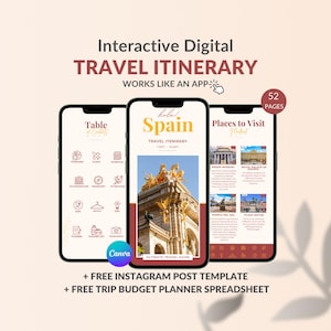 Travel Itinerary Template, Mobile Travel Planner, Editable Spain Travel Guide, Traveling Guide Editable in Canva, Digital Trip Schedule