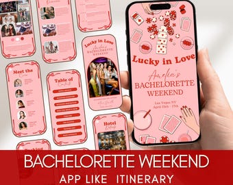 Cyfrowy plan wieczoru panieńskiego Lucky in Love | Szablon aplikacji w stylu Vegas, edytowalny przewodnik Canva na weekend, planer wieczoru panieńskiego w kasynie