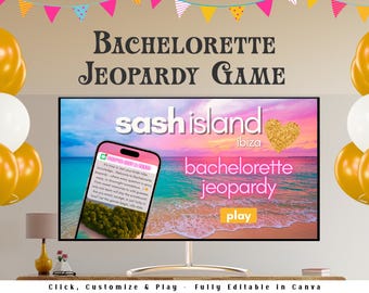 Juego de Jeopardy para despedidas de soltera en la isla / Presentación editable en Canva / Juego de trivia para despedidas de soltera / Margs & Matrimony Bikinis y Martinis