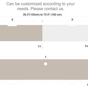 May include: Diagram showing the dimensions of a rectangular shelf with a hole in the center. The shelf is 39.3 inches to 70.5 inches wide and 8 to 12 inches tall. The shelf is 11 inches deep. The diagram shows the front and top views of the shelf.