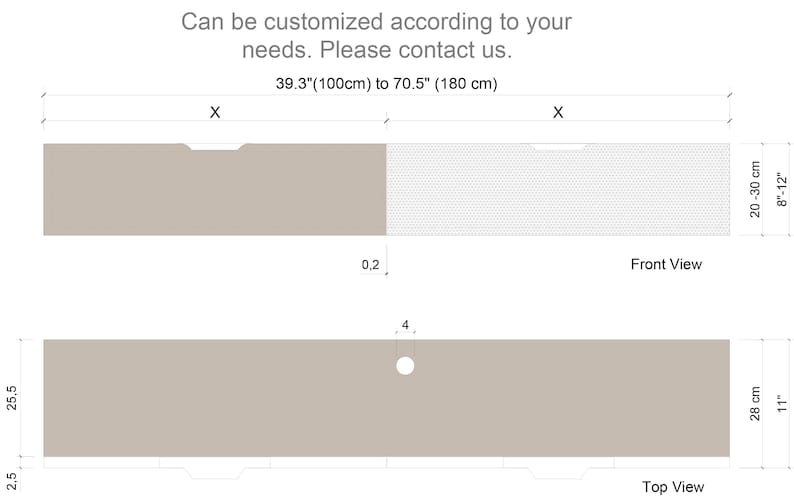 May include: Diagram showing the dimensions of a rectangular shelf with a hole in the center. The shelf is 39.3 inches to 70.5 inches wide and 8 to 12 inches tall. The shelf is 11 inches deep. The diagram shows the front and top views of the shelf.