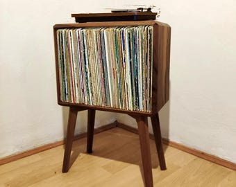Rangement pour disques vinyle fait main en noyer, armoire recto-verso, finition à l'huile naturelle
