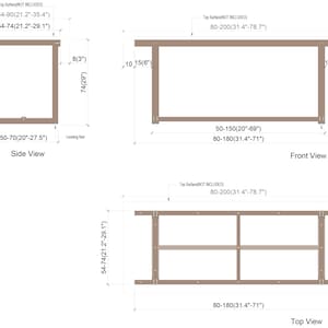 K&ouml;nnte beinhalten: Technische Zeichnungen eines Holzrahmens, mit Seiten-, Front- und Draufsicht. Abmessungen in cm, H&ouml;hen von 74 cm bis 90 cm und Breiten von 50 cm bis 200 cm. Details der Nivellierf&uuml;&szlig;e enthalten.