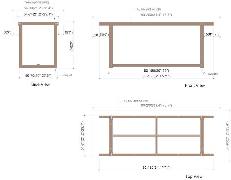K&ouml;nnte beinhalten: Technische Zeichnungen eines Holzrahmens, mit Seiten-, Front- und Draufsicht. Abmessungen in cm, H&ouml;hen von 74 cm bis 90 cm und Breiten von 50 cm bis 200 cm. Details der Nivellierf&uuml;&szlig;e enthalten.