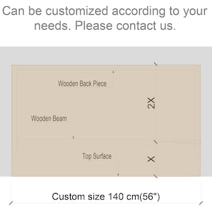 May include: Diagram of a wooden shelf with dimensions labeled in inches and centimeters. The shelf is made of a wooden beam, a wooden back piece, and a top surface. The text "Can be customized according to your needs. Please contact us." is at the top of the image.