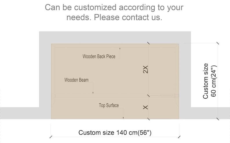 May include: Diagram of a wooden shelf with dimensions labeled in inches and centimeters. The shelf is made of a wooden beam, a wooden back piece, and a top surface. The text "Can be customized according to your needs. Please contact us." is at the top of the image.