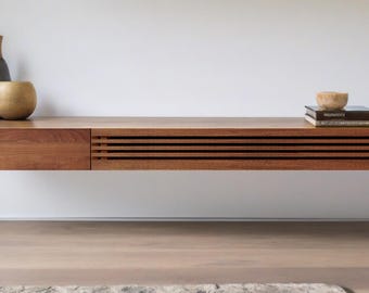 Floating Solid Wood Tv Stand, Hardwoood Media Console, Wooden Slats Media Center