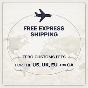 K&ouml;nnte beinhalten: Ein Bild mit dem Text "FREE EXPRESS SHIPPING" &uuml;ber einer Weltkarten-Grafik. Darunter wird der Text "ZERO CUSTOMS FEES FOR THE US, UK, EU, AND CA" mit gebogenen Pfeilen angezeigt, die auf den Text zeigen.