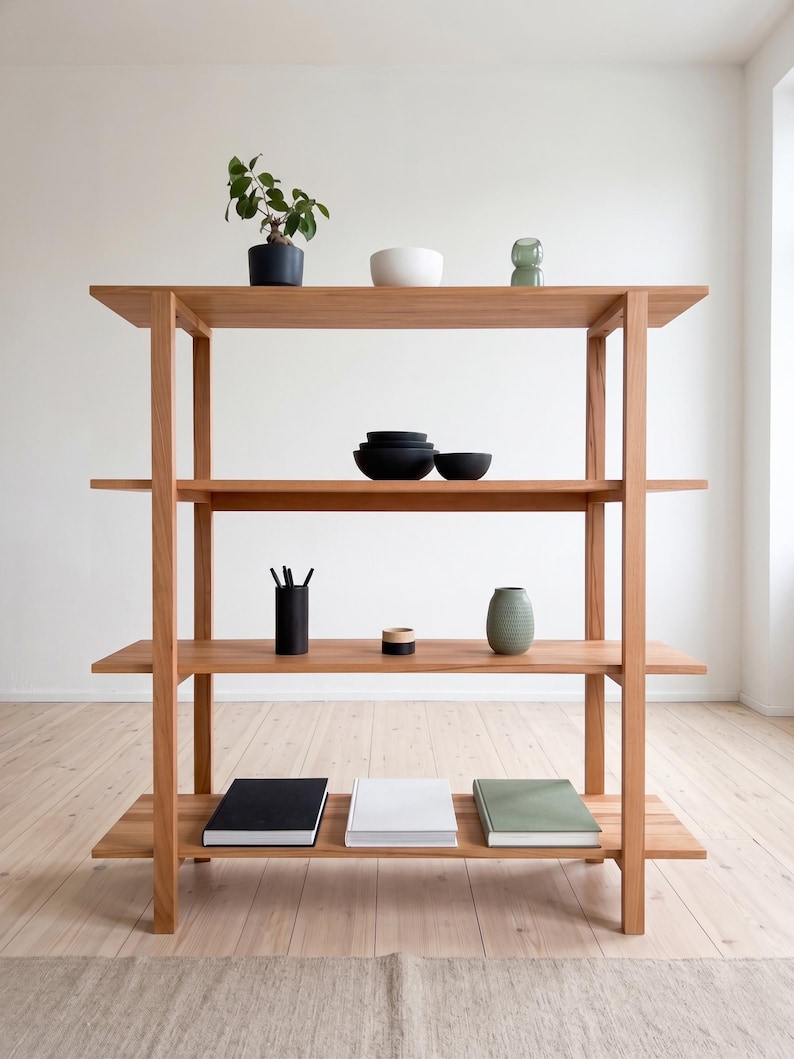 May include: A light-colored wooden bookshelf with four shelves. The shelves display various items, including a potted plant, bowls, books, and decorative objects. The bookshelf is set against a white wall and light-colored wooden floor.
