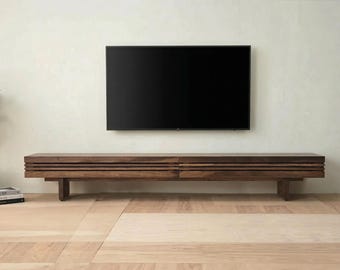 Handmade Walnut Media Console with Interlocking Leg Design : Custom Size Freestanding Entertainment Shelf