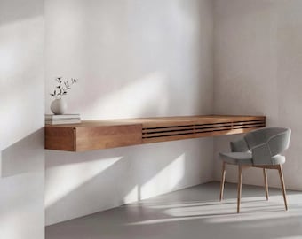 Solid Wood Floating Desk: Custom Size Wall Mounted Table with Slatted Covers