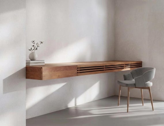 Solid Wood Floating Desk: Custom Size Wall Mounted Table with Slatted Covers