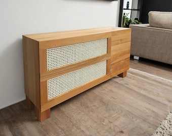 Credenza in legno massello – Credenza in rattan fatta a mano – Mobile TV moderno di metà secolo – Mobile contenitore naturale