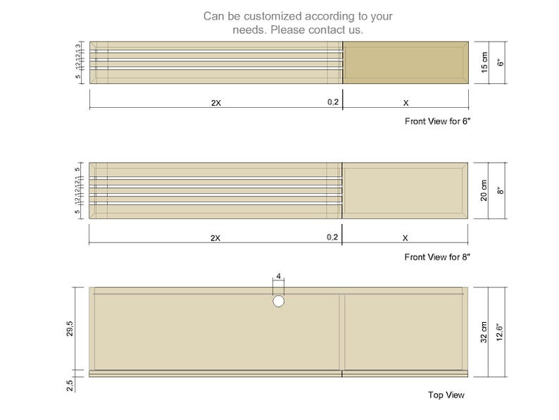 May include: Diagram showing the front and top views of a wooden box with dimensions in inches and centimeters. The box is 12.6 inches long, 8 inches wide, and 4 inches high. The front view shows the box with a 0.2 inch wide lip on the front and a 2 inch wide section in the back. The top view shows the box with a 2.5 inch wide lip on the sides and a 29.5 inch wide section in the middle.
