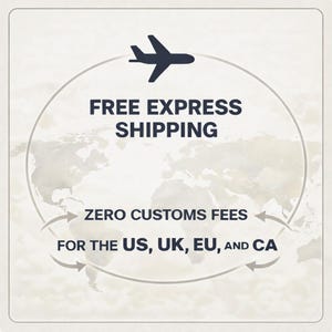 May include: An image with the text "FREE EXPRESS SHIPPING" above a world map graphic. Below, the text "ZERO CUSTOMS FEES FOR THE US, UK, EU, AND CA" is displayed with curved arrows. A black airplane graphic is at the top.
